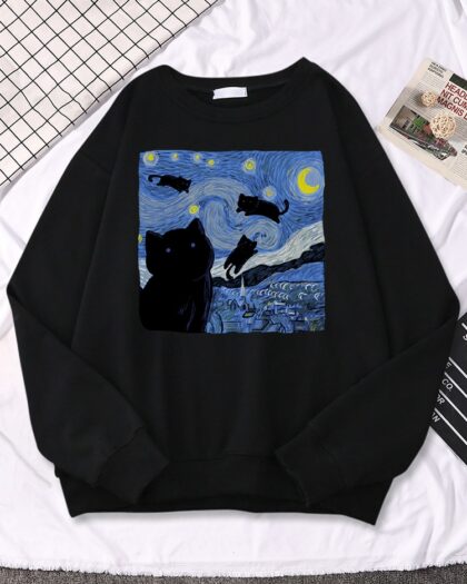 Black Cat Starry Night Print Sweatshirt