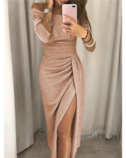 Off The Shoulder 3/4 sleeve Evening Dress with split