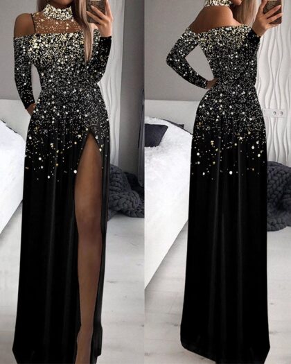 Black and Gold Split leg Formal Dress