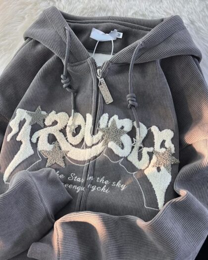 Embroidered Zipper Retro Style Hoodie